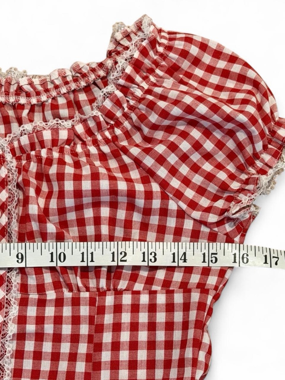 Women’s Red Gingham Peasant Milkmaid Country Top Classic Smocked Style Small - Picture 2 of 7